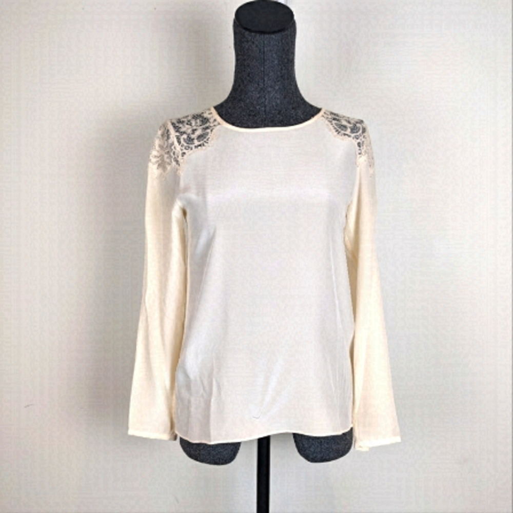 Club Monaco Cream Silk Blouse Lace Detail XS